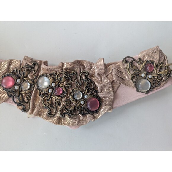 Vtg Nina Arjani Leatherock Belt Sz XS/S Boho Genuine Leather Embelished Pink main image 8